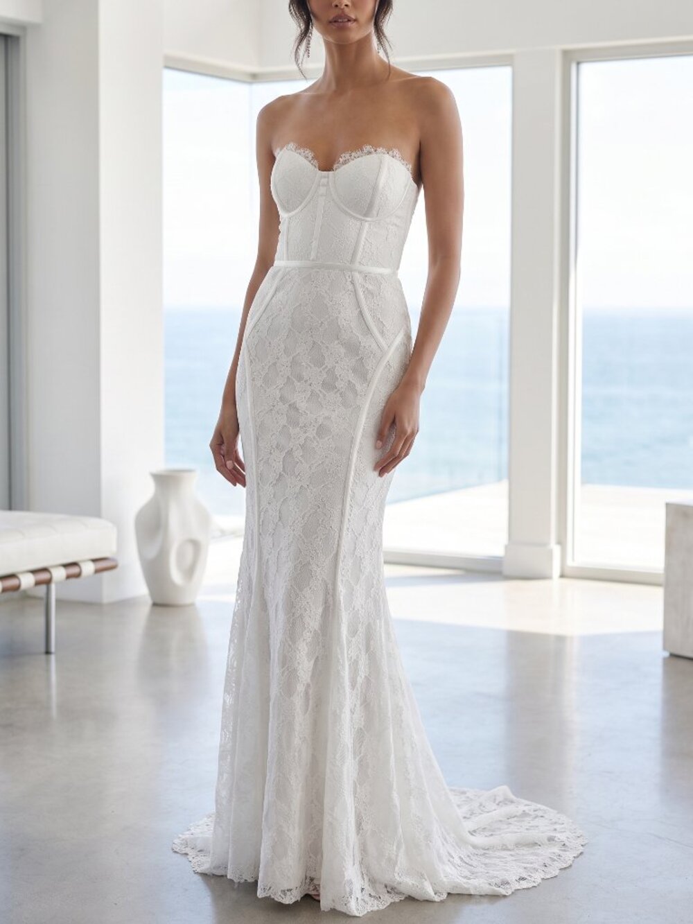 NWT LULU'S Imani white lace mermaid bustier wedding dress w train L